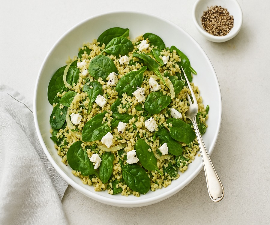 Couscous with Pesto, Spinach, and Feta