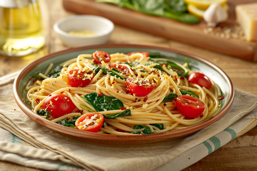 Vegan Pasta with Tomato, Spinach & Garlic Oil